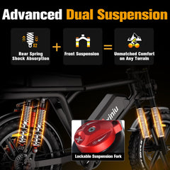 Axiniu Electric Bike for Adults, 52V 40Ah Battery Peak 2000W Motor 35MPH, 50-180 Miles, 20" Fat Tire Dirt Bicycle Dual Suspension All Terrain Motorcycle, Moped Style Ebike for Mountains Snow Sand Road