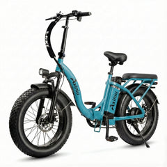 Axiniu 1200W Folding Electric Bike for Adults, 48V 20Ah Removable Battery, Up to 28MPH & 80 Miles Range, 20” Fat Tire All-Terrain Ebike, Front Suspension, 7-Speed Commuter E-Bike, Step-Thru Blue