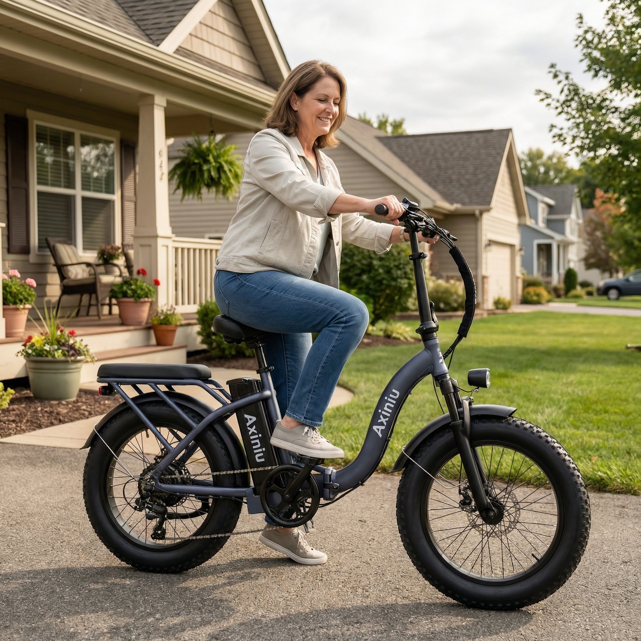 Axiniu 1200W Folding Electric Bike for Adults, 48V 20Ah Removable Battery, Up to 28MPH & 80 Miles Range, 20” Fat Tire All-Terrain Ebike, Front Suspension, 7-Speed Commuter E-Bike, Step-Thru Grey