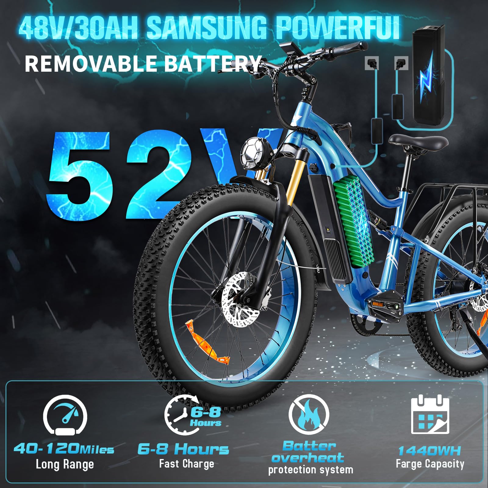 Axiniu Electric Bike for Adults, 1800W Motor 52V 30Ah Samsung Battery Electric Mountain Bicycles, 26" Fat Tire Full Suspension Beach Snow Off Road E Bike, 35MPH & 120 Miles Long Range Ebike