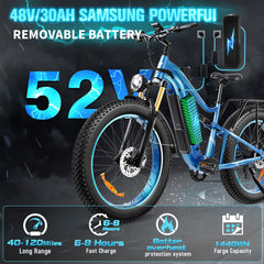 Axiniu Electric Bike for Adults, 1800W Motor 52V 30Ah Samsung Battery Electric Mountain Bicycles, 26" Fat Tire Full Suspension Beach Snow Off Road E Bike, 35MPH & 120 Miles Long Range Ebike