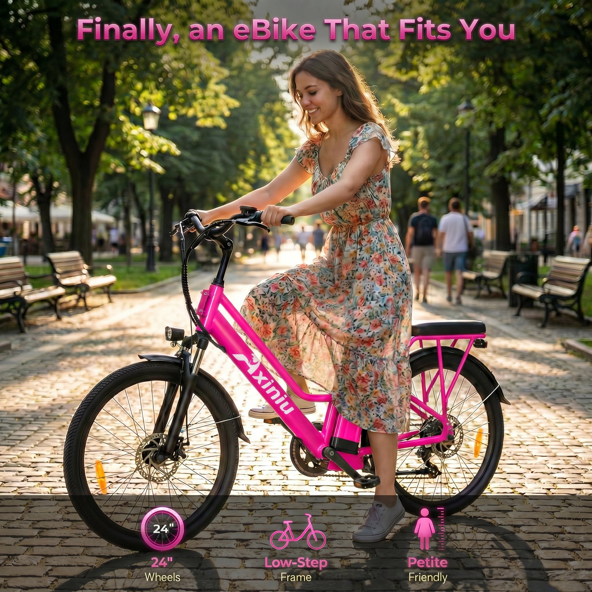 Axiniu 24 Inch Electric Bike for Adults, Step Through Ebike for Women, Peak 750W Motor 22MPH, 48V 20AH Removable Battery Up to 70 Miles, 7 Speed Dual Shock Absorber, City Cruiser Commuter Bicycle