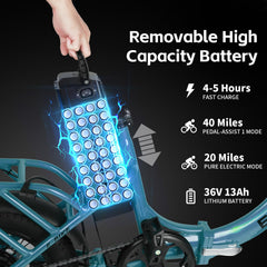 Axiniu YY02 Foldable Electric Bike 13AH Battery with 16"×3.0" Tire Blue