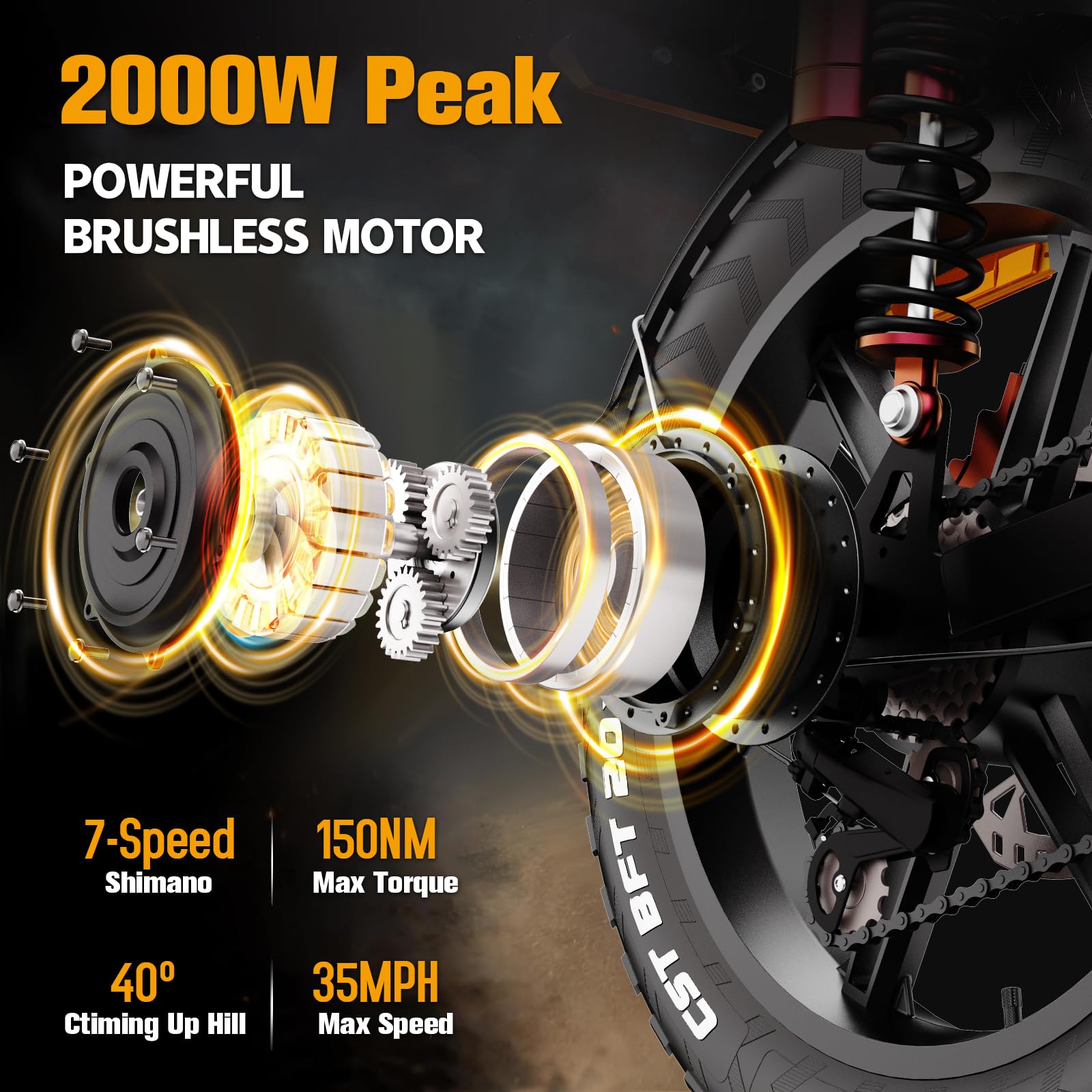 Axiniu Electric Bike for Adults, 52V 40Ah Battery Peak 2000W Motor 35MPH, 50-180 Miles, 20" Fat Tire Dirt Bicycle Dual Suspension All Terrain Motorcycle, Moped Style Ebike for Mountains Snow Sand Road
