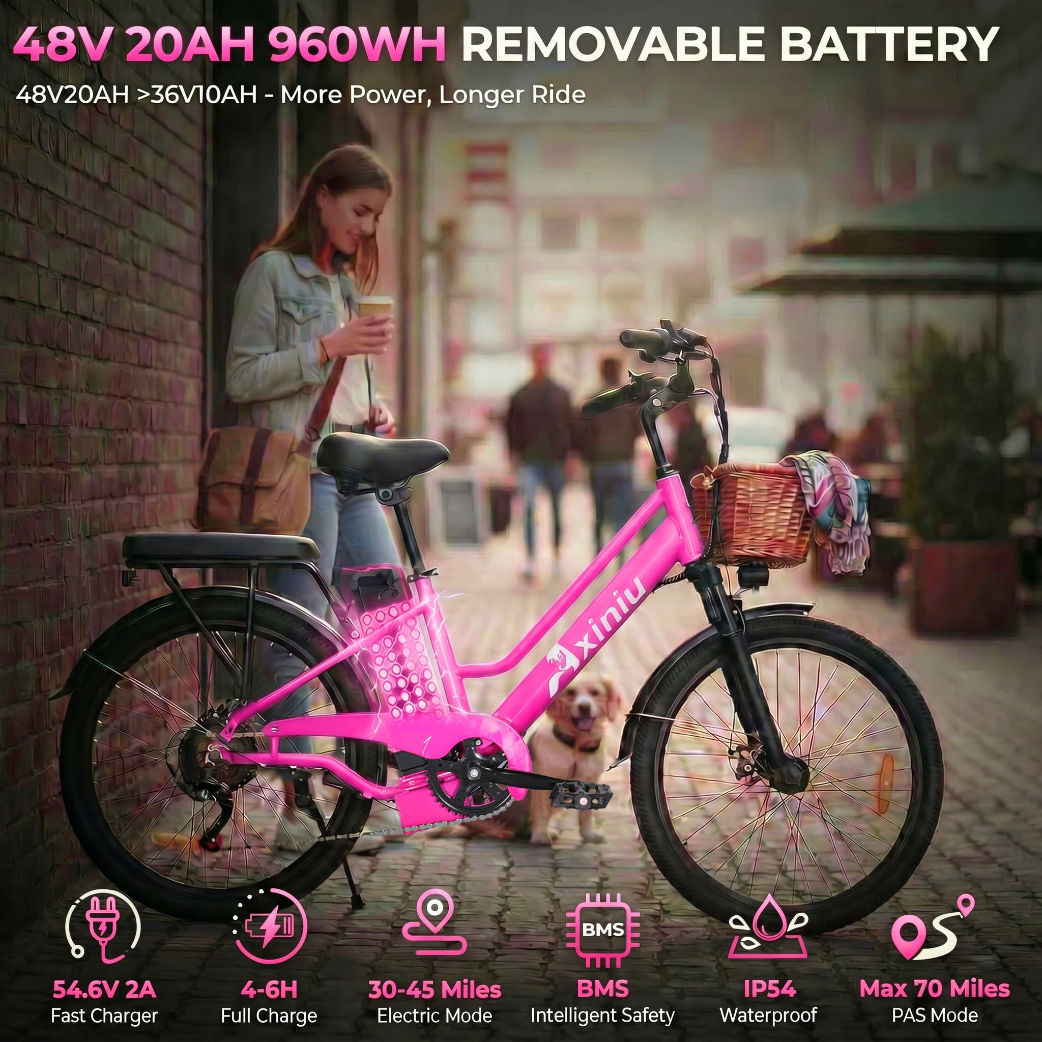 Axiniu 24 Inch Electric Bike for Adults, Step Through Ebike for Women, Peak 750W Motor 22MPH, 48V 20AH Removable Battery Up to 70 Miles, 7 Speed Dual Shock Absorber, City Cruiser Commuter Bicycle