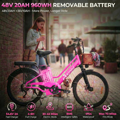 Axiniu 24 Inch Electric Bike for Adults, Step Through Ebike for Women, Peak 750W Motor 22MPH, 48V 20AH Removable Battery Up to 70 Miles, 7 Speed Dual Shock Absorber, City Cruiser Commuter Bicycle