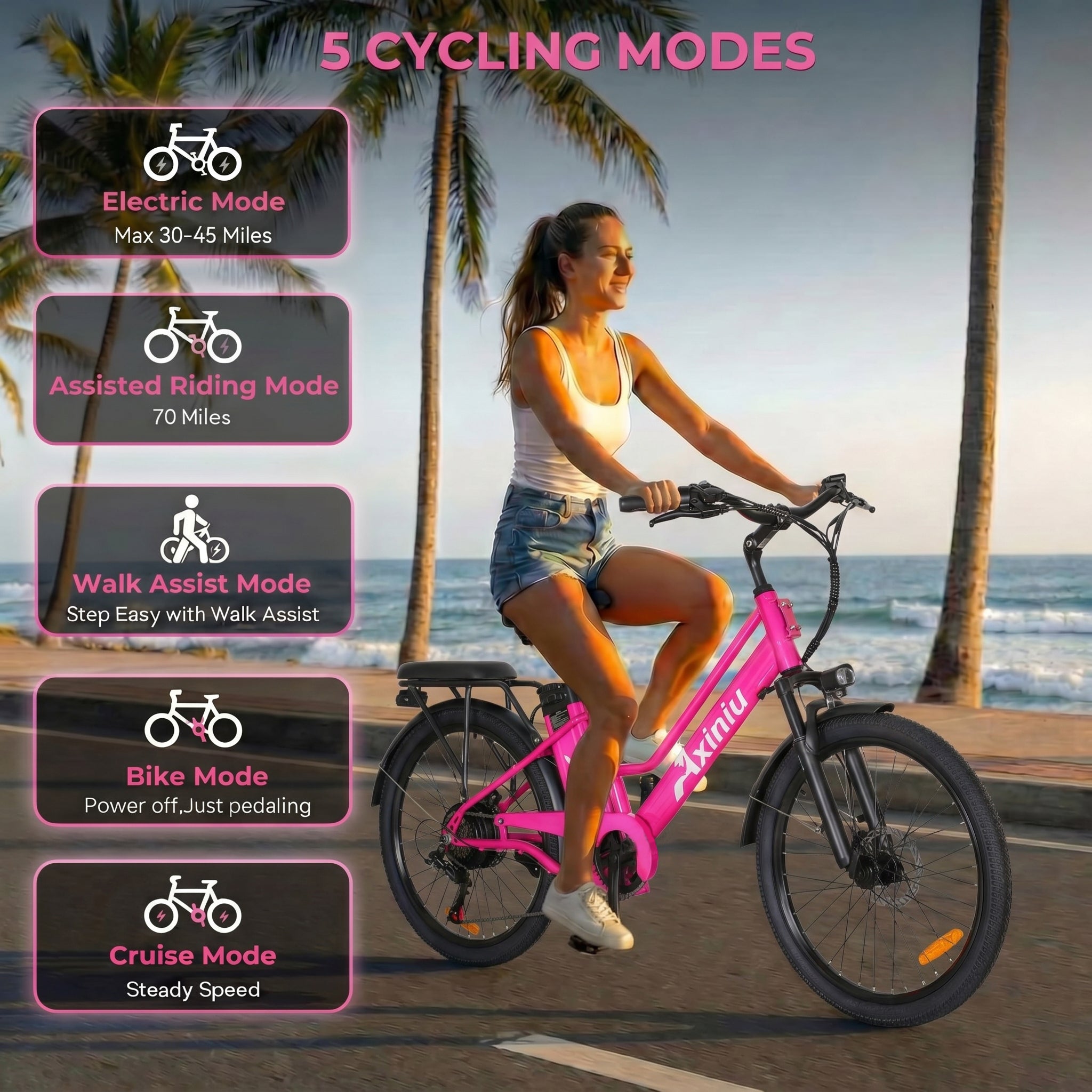 Axiniu 24 Inch Electric Bike for Adults, Step Through Ebike for Women, Peak 750W Motor 22MPH, 48V 20AH Removable Battery Up to 70 Miles, 7 Speed Dual Shock Absorber, City Cruiser Commuter Bicycle