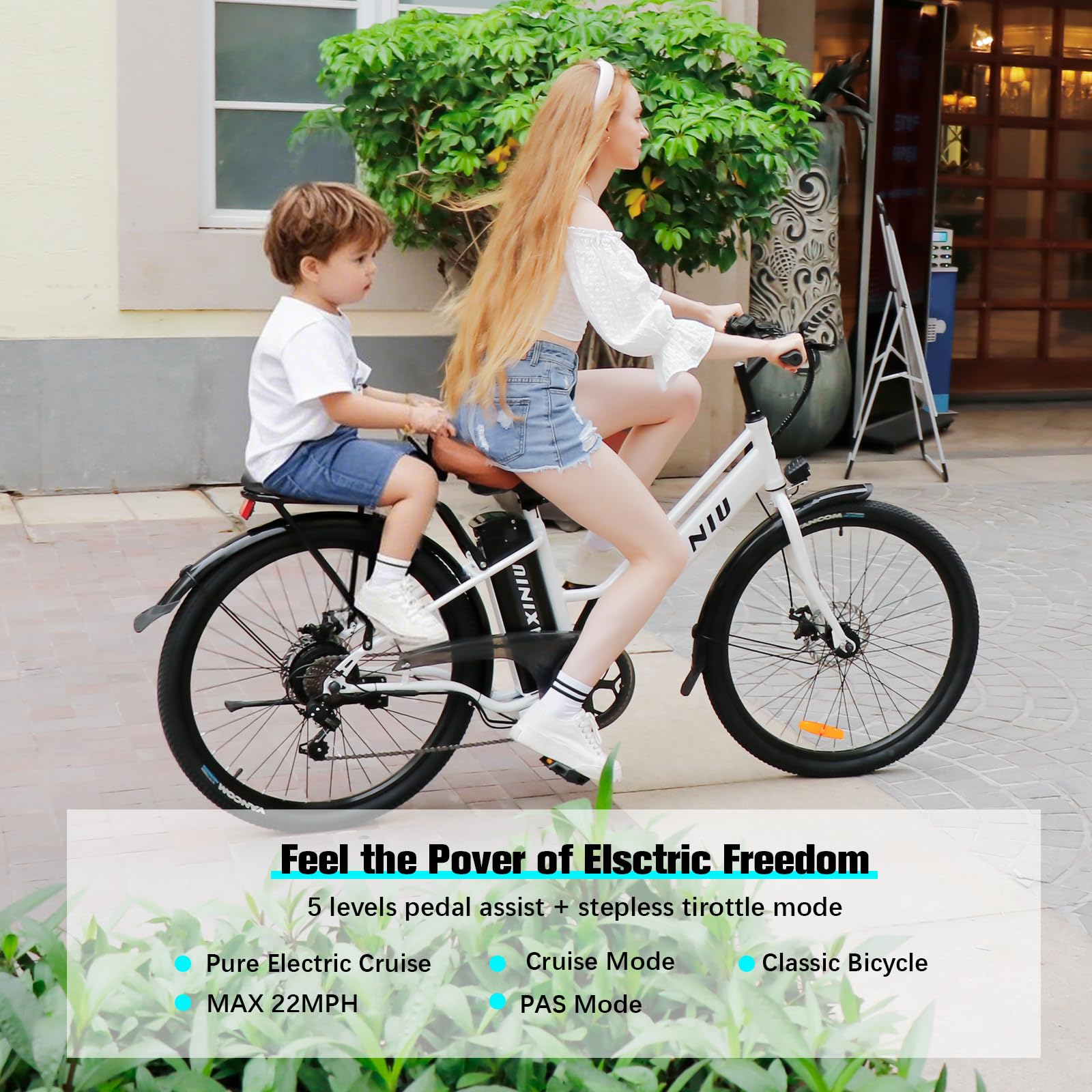 Axiniu 24 Inch Electric Bike for Adults, Step Through Ebike for Women, Peak 750W Motor 22MPH, 48V 20AH Removable Battery Up to 70 Miles, 7 Speed Dual Shock Absorber, City Cruiser Commuter Bicycle
