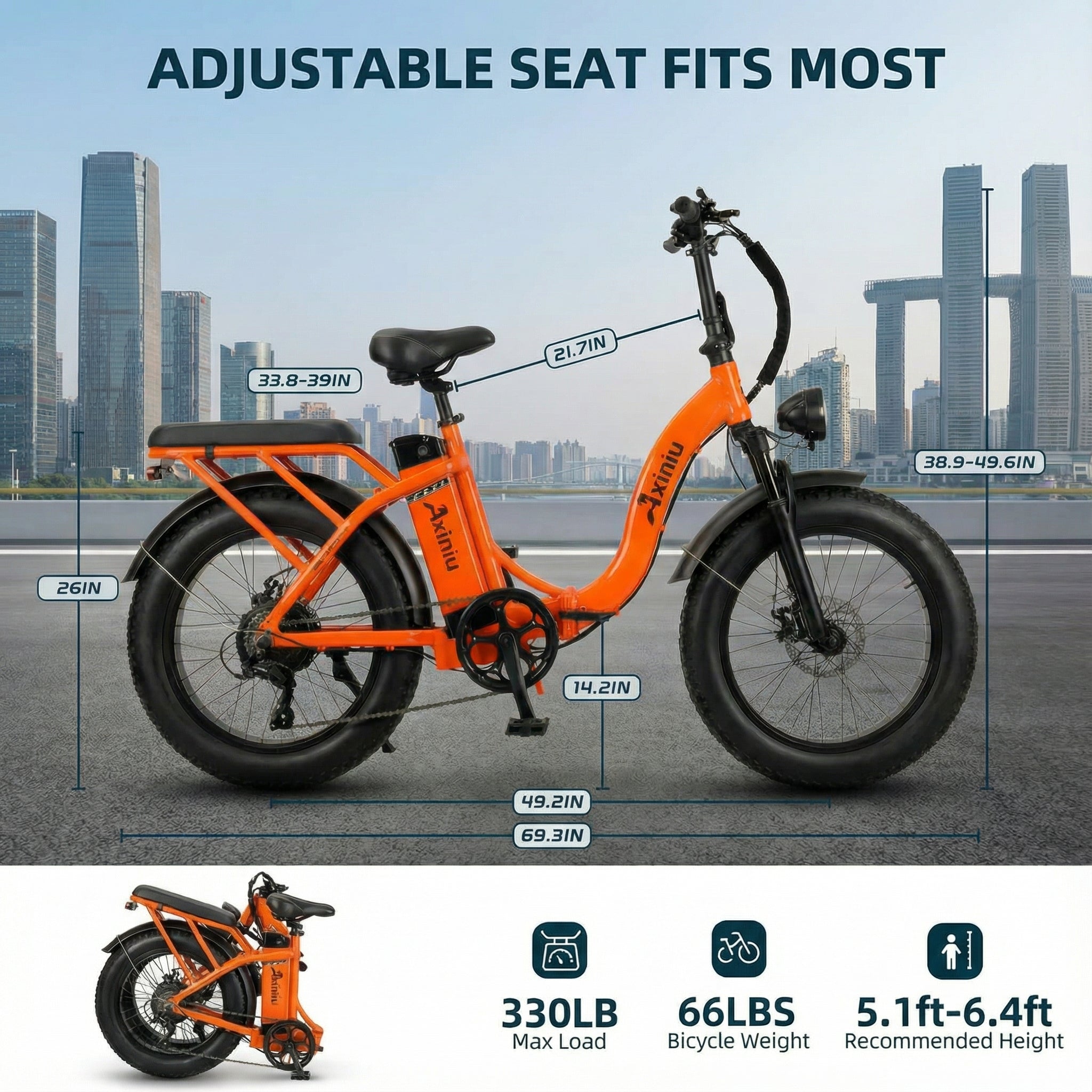 Axiniu 1200W Folding Electric Bike for Adults, 48V 20Ah Removable Battery, Up to 28MPH & 80 Miles Range, 20” Fat Tire All-Terrain Ebike, Front Suspension, 7-Speed Commuter E-Bike, Step-Thru Orange