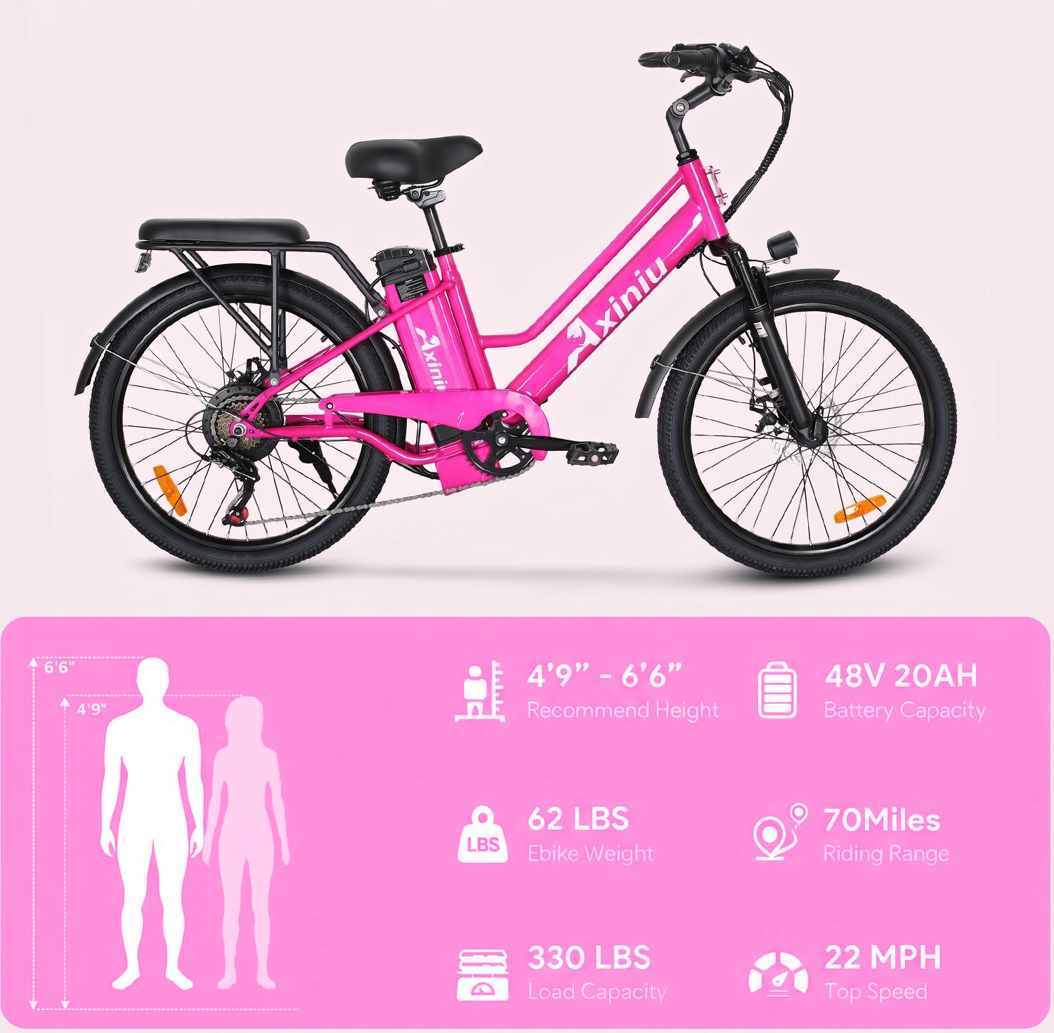 Axiniu 24 Inch Electric Bike for Adults, Step Through Ebike for Women, Peak 750W Motor 22MPH, 48V 20AH Removable Battery Up to 70 Miles, 7 Speed Dual Shock Absorber, City Cruiser Commuter Bicycle