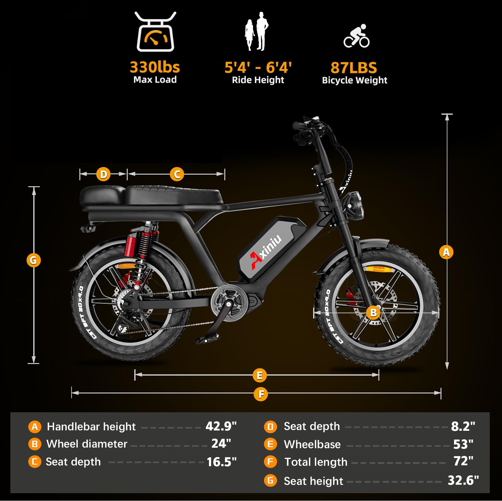 Axiniu Electric Bike for Adults, 52V 40Ah Battery Peak 2000W Motor 35MPH, 50-180 Miles, 20" Fat Tire Dirt Bicycle Dual Suspension All Terrain Motorcycle, Moped Style Ebike for Mountains Snow Sand Road