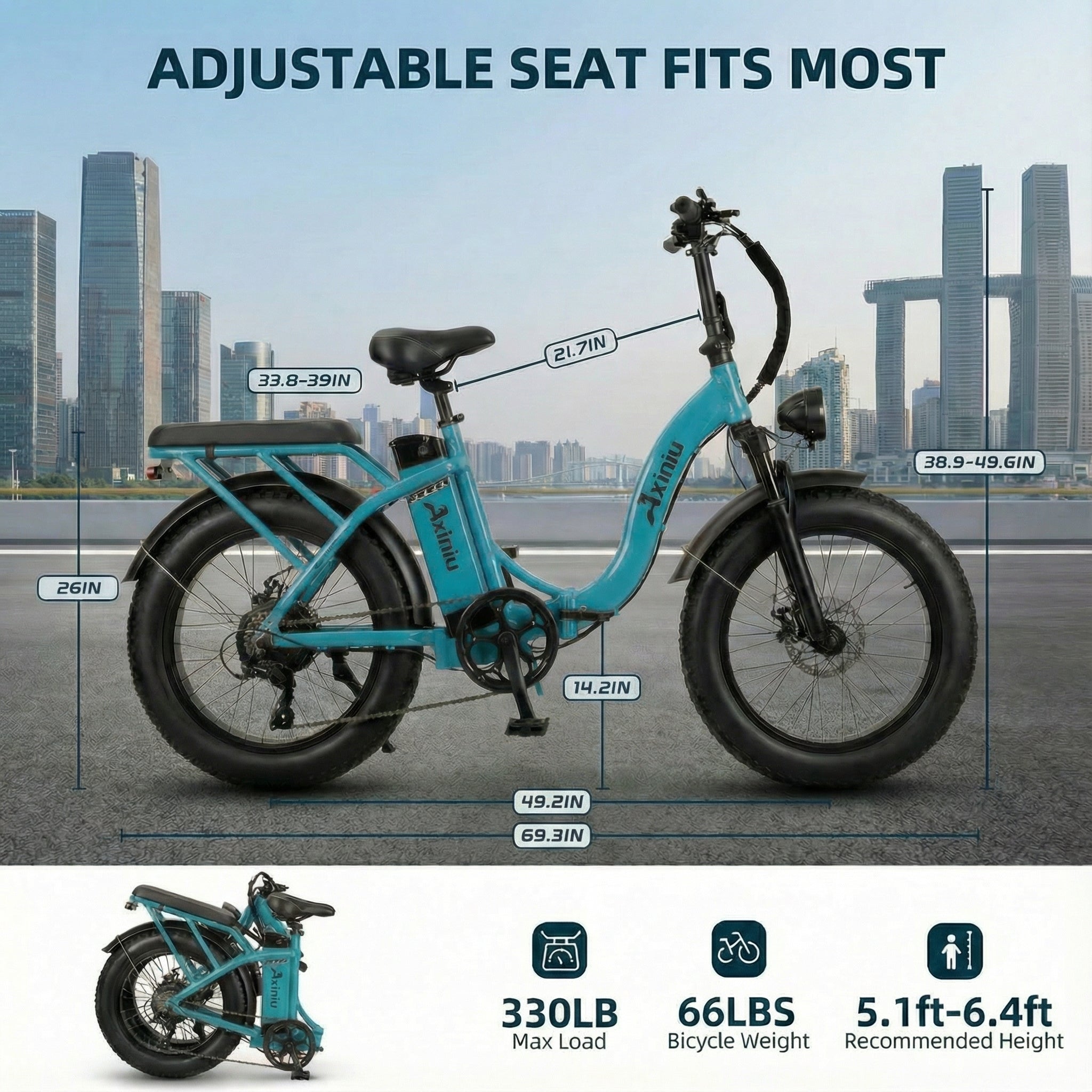 Axiniu 1200W Folding Electric Bike for Adults, 48V 20Ah Removable Battery, Up to 28MPH & 80 Miles Range, 20” Fat Tire All-Terrain Ebike, Front Suspension, 7-Speed Commuter E-Bike, Step-Thru Blue